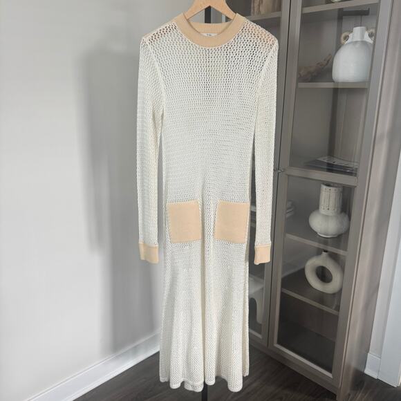 Tibi Crochet Open Knit Maxi Dress Small Long Sleeve Mesh White Beige Pockets S - Picture 1 of 5